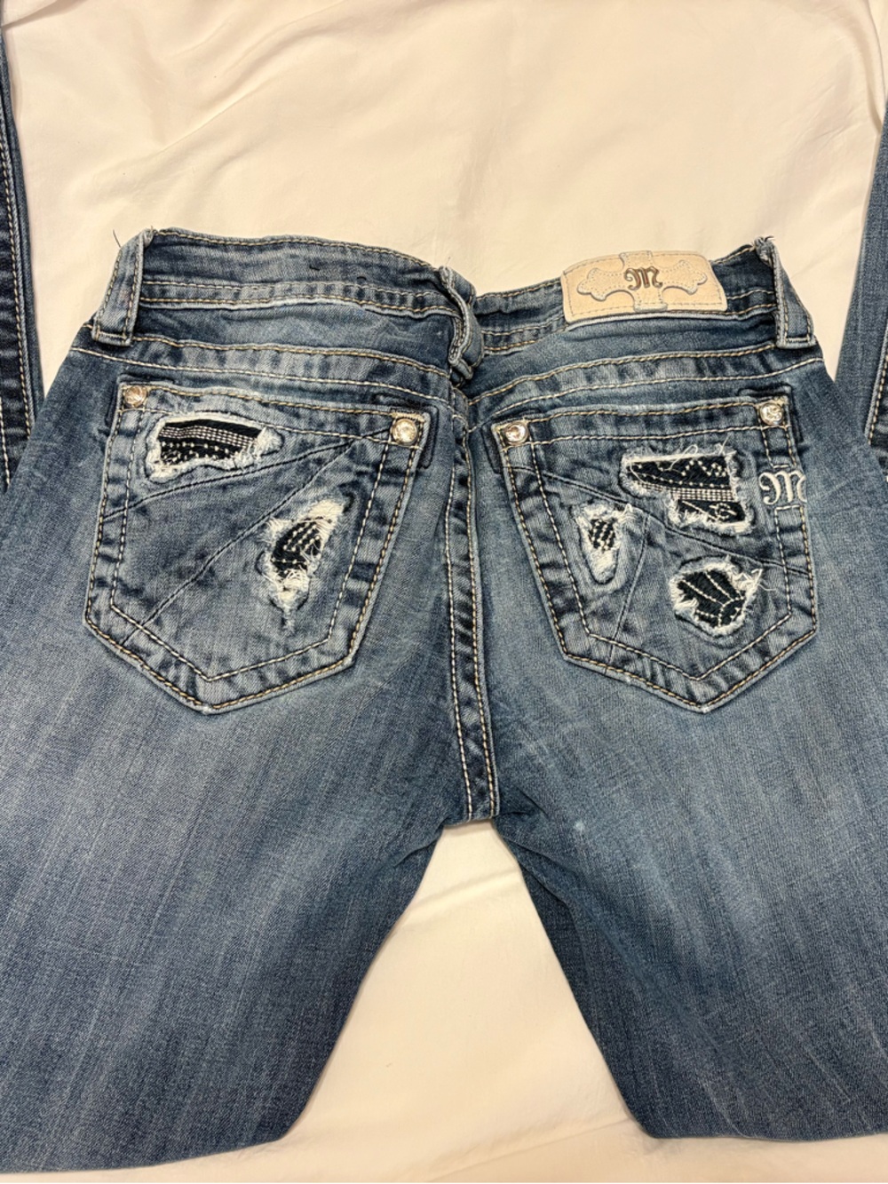 Miss Me Medium Blue Bootcut Jeans with Embellished Distressed Pockets